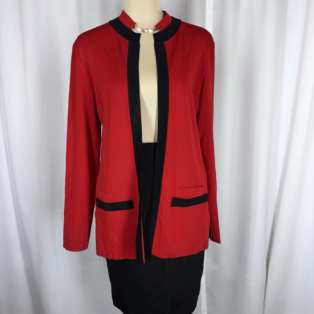 Exclusively Misook Red‎ Jacket Open Front Cardigan Black Trim Knit Sz XS *READ
